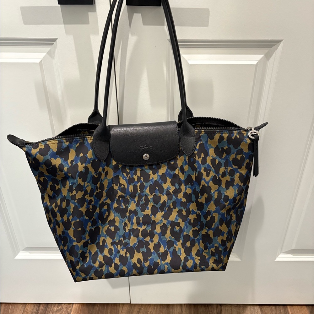 Longchamp Tote - blue, black, tan leopard, large tote. Unique.